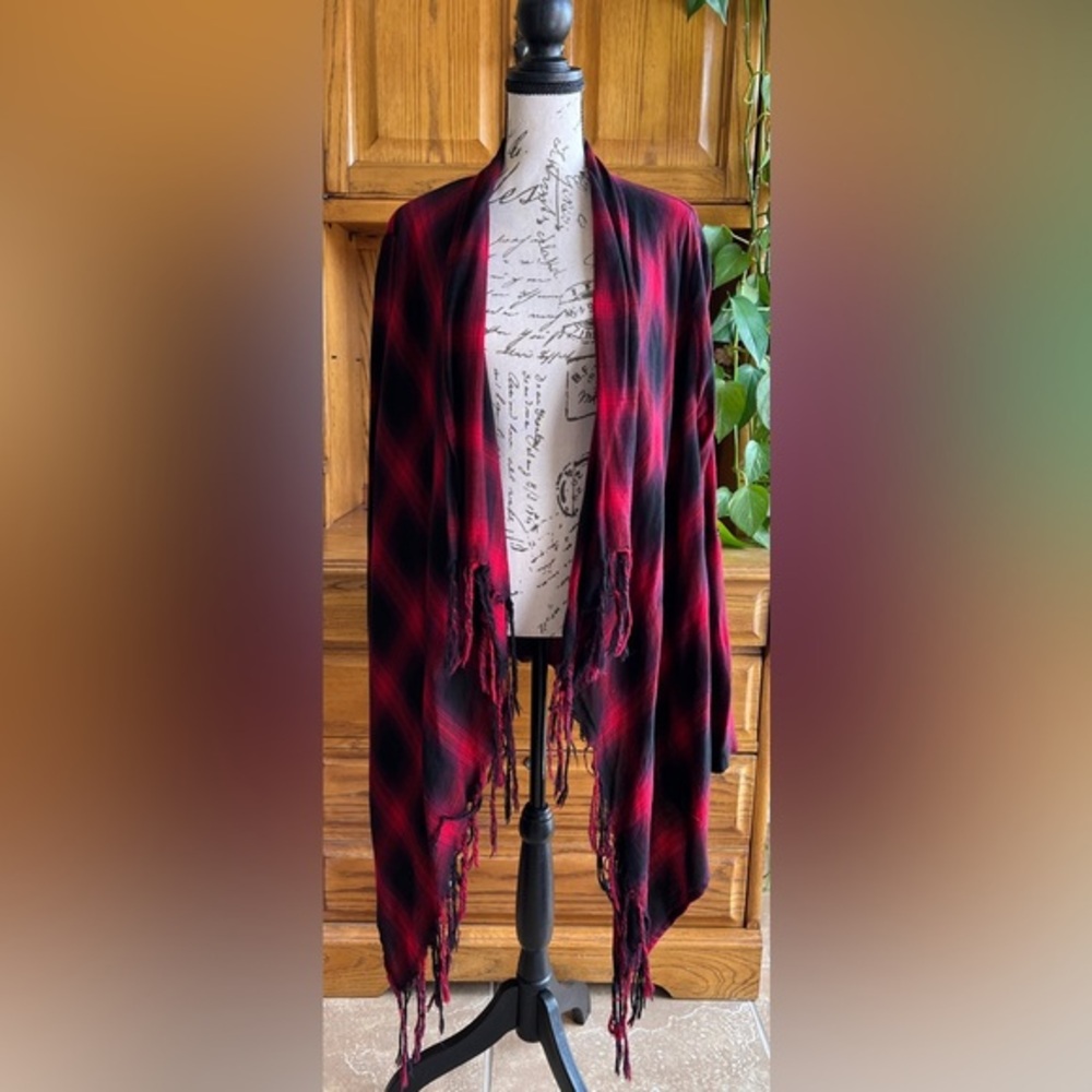 Women's‎ Red Black Buffalo Plaid Fringe Open Front Cardigan Flannel Jacket Large